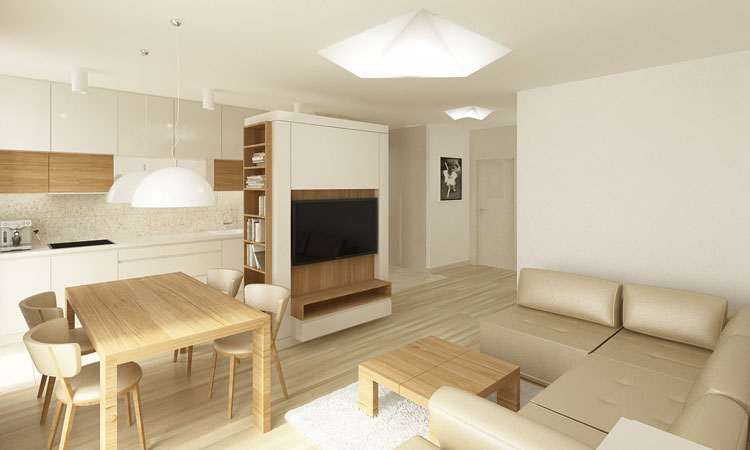 02. Projekt mieszkania w apartamentowcu we Wrocławiu - salon z kuchnią.